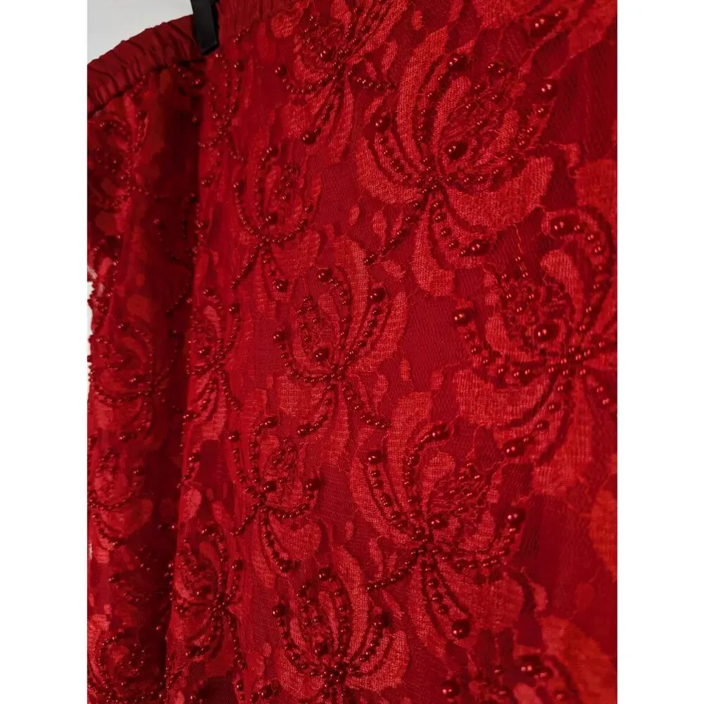 Vtg Joseph Le Bon Beaded Skirt Red Floral Lace Flapper Saloon Womens XL READ